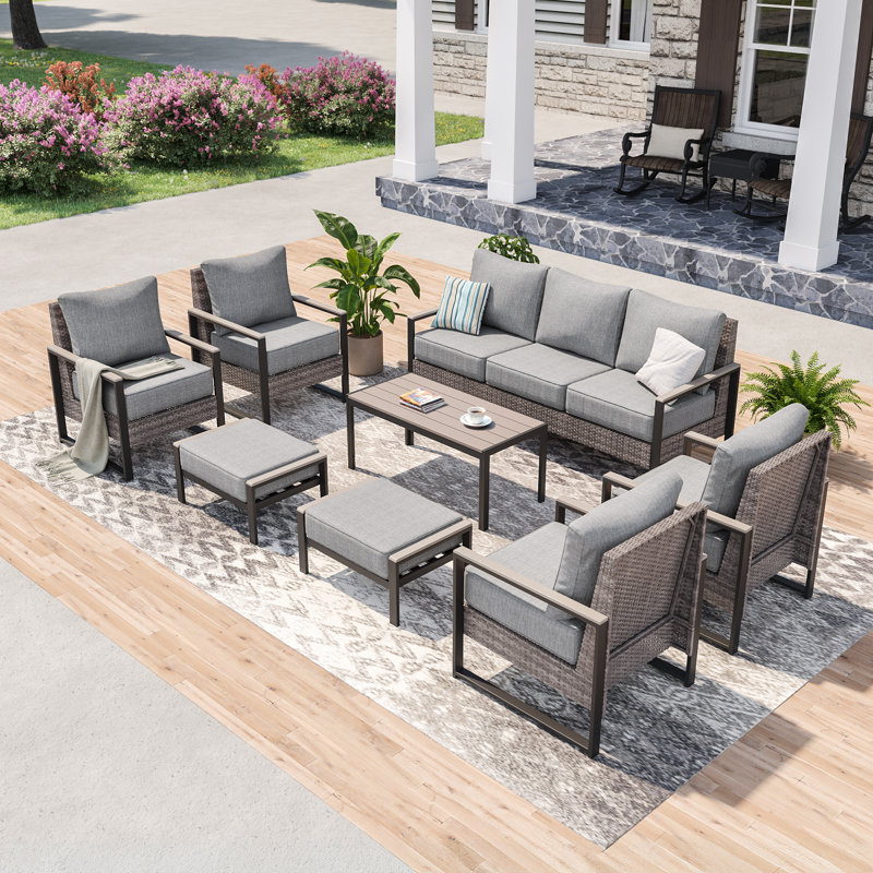 8 Piece Patio Conversation Sofa Set, PE Rattan Conversation Set, Linen Gray