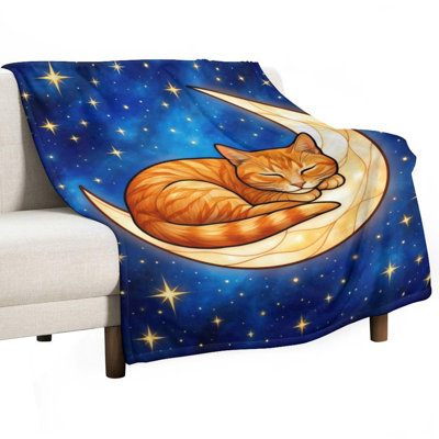 Joli chat mignon dormant sur un croissant de lune, un ciel étoilé, une luxueuse couverture en flanelle, une couverture douce et chaude pour le canapé-lit du salon