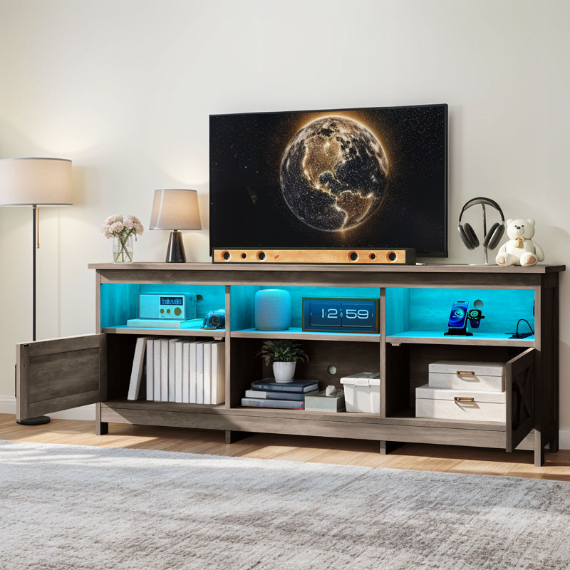 Meuble télé Mercato Modern Farmhouse, H 25,6 po x l 70 po x P 15,7 po, Gris délavé