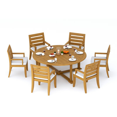 Ensemble de salle à manger 7 pièces en bois de teck de qualité A: table ronde de 72 po et chaises Atnas (2 accoudoirs et 4 chaises sans accoudoirs) # 11AT1702