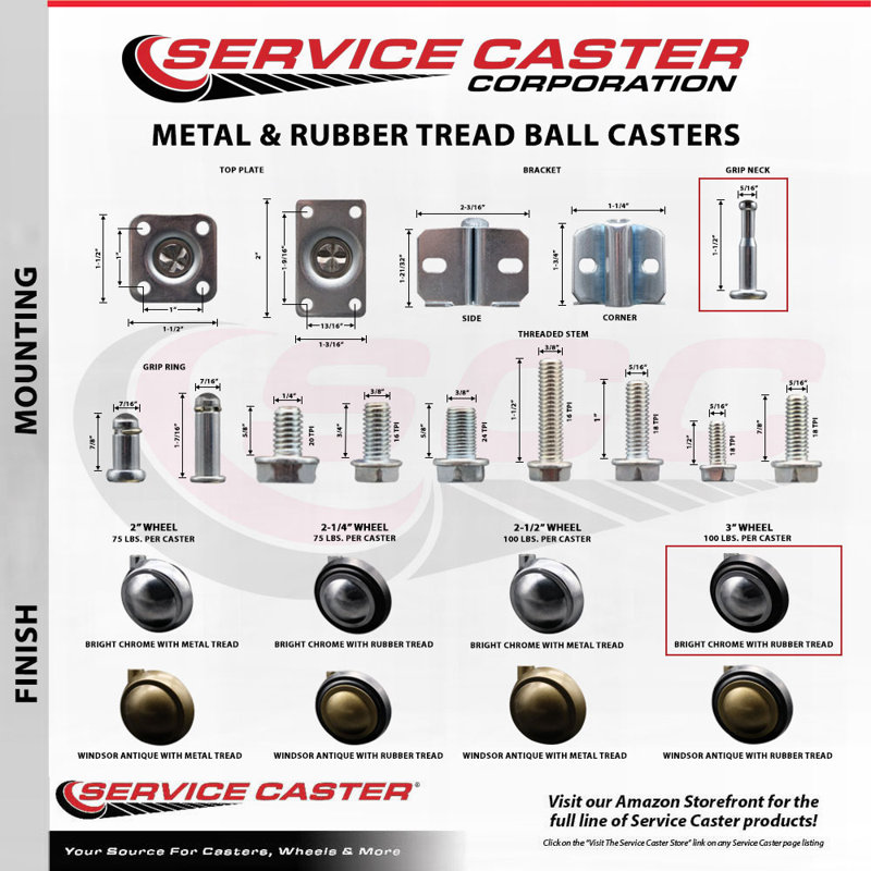 Soft Tread Ball Caster with Grip Neck Stem, Bright Chrome