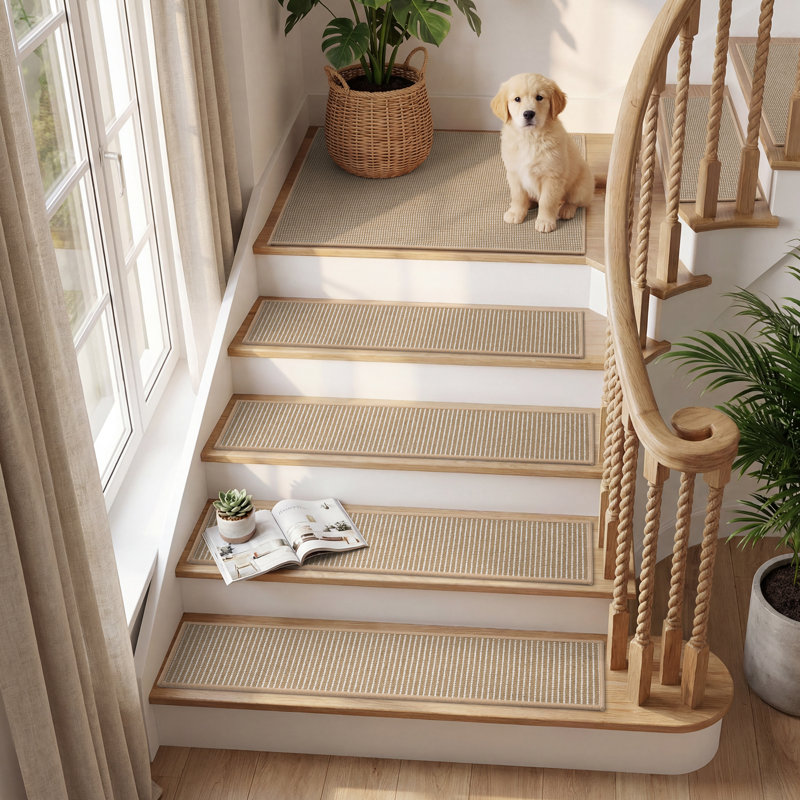 Tapis d'escalier carré en lin tissé antidérapant, 1 pièce incluse, Carré 2 pi 7 po