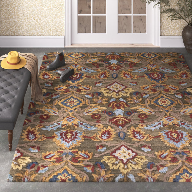 Floral Wool Hand Tufted Area Rug, Green/Brown, Rectangle 244 x 305 cm
