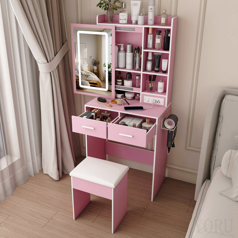 Small Makeup Vanity Desk With Mirror & Adjustable Led Lights, Built-In Power Outlet & Hidden Storage, Includes Padded Stool & Shelf, Space-Saving Dressing Table For Small Bedrooms, Pink