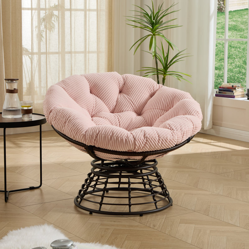 Chaise d'extérieur pivotante 360 avec design ergonomique, coussin rose épais et doux, structure brune, pour cadre de salon en acier et tissu, chambre à coucher