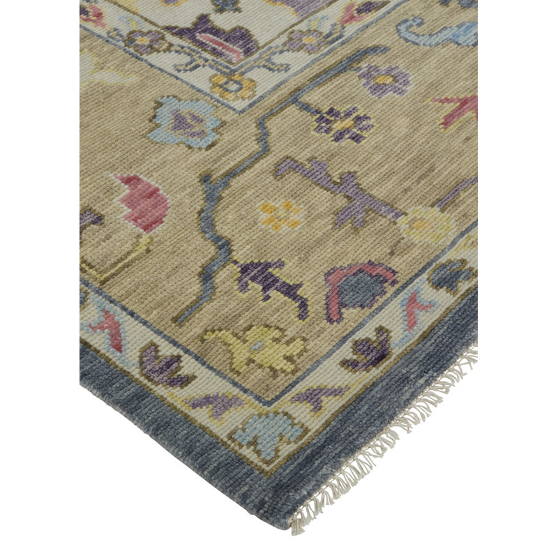Karina Hand Knotted Wool Floral Area Rug in Blue/Beige, Rectangle 7'9" x 9'9"