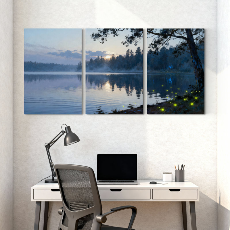 Hiver, forêt, coucher de soleil, lac, reflet, arbres, lucioles, ciel nocturne, ensemble de 3 impressions sur toile