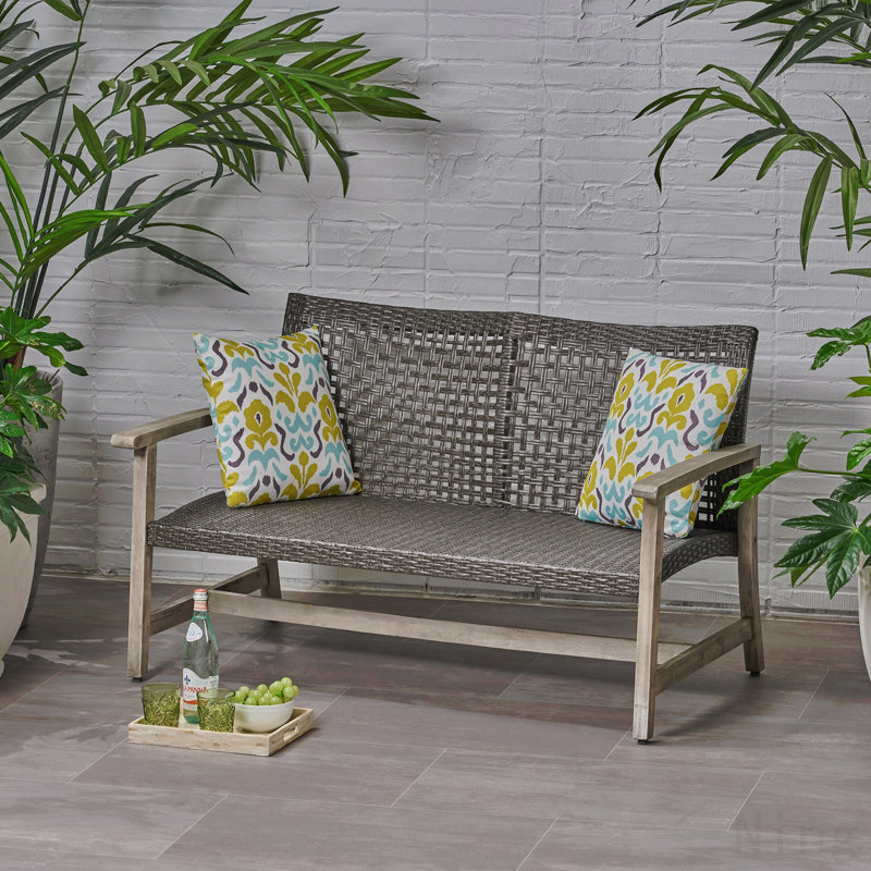Outdoor Acacia Wood Wicker Loveseat, Patio Furniture Conversation Set For Backyard, Gray