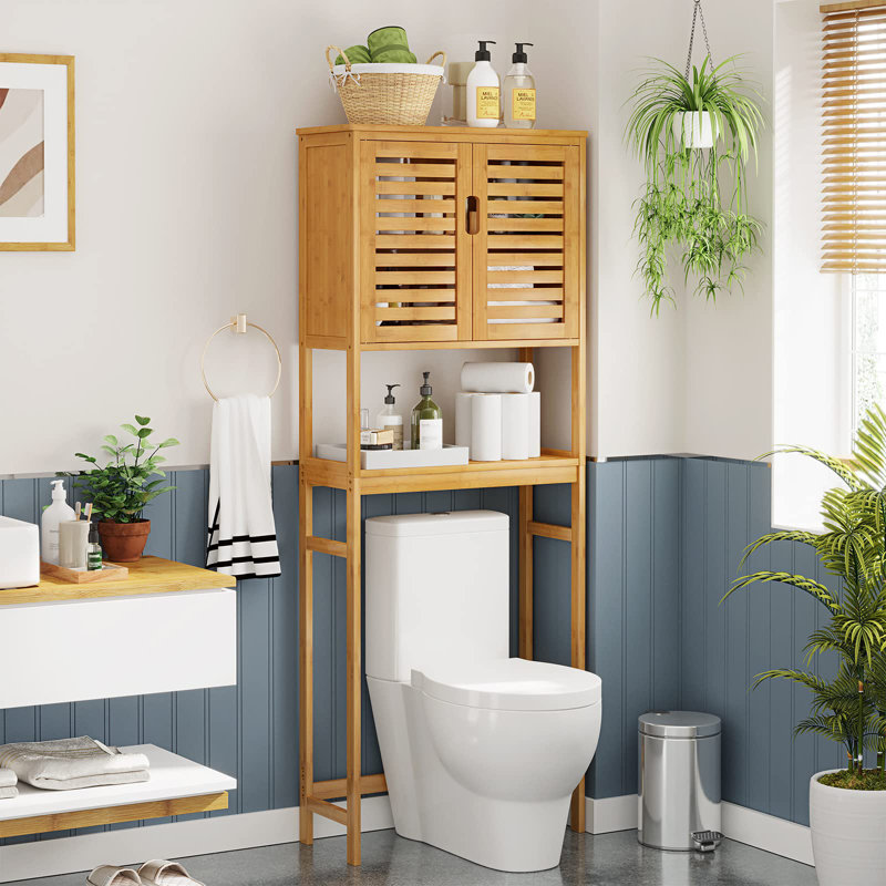 Armoire de rangement en bambou au-dessus de la toilette - Grand organisateur de salle de bain autoportant avec tablettes réglables, étagère compacte pour salle de lavage et balcon, naturel