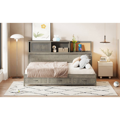 Lit de jour pleine grandeur en bois gris avec fonction de rangement, tablette et dispositif - Prises de charge pour lit de jour électronique, offrant 3 tiroirs, Tech