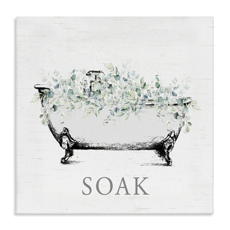 Baignoire avec une toile décorative représentant des eucalyptus, création de Lettered and Lined, H 36 po x l 36 po