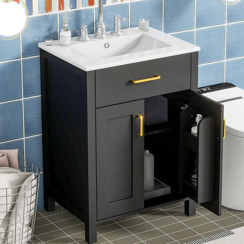 Meuble-lavabo 24 po avec lavabo en céramique, grand meuble-lavabo avec 2 portes à fermeture douce