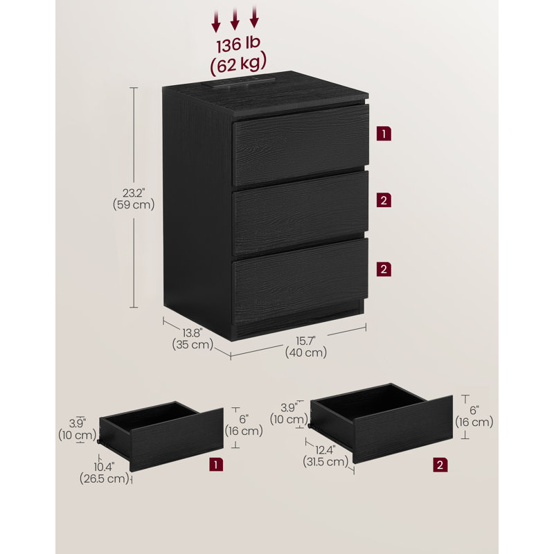 Rumena 40cm W Manufactured Wood Bedside Table, Black