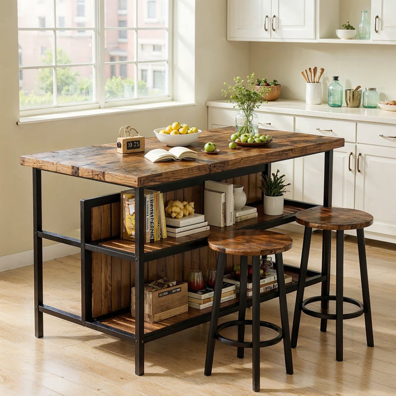 Grondin 47.24" Iron Kitchen Island Set, Rustic Brown