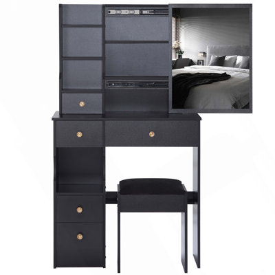 29.2" Small Space Left Drawer Desktop Vanity Table   Cushioned Stool, Extra Large Right Sliding Mirror, Multi Layer High Capacity Storage, Practical Fashionable Dresser, Suitable For Small Space
