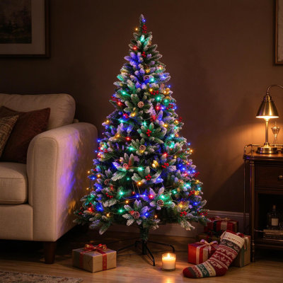 Sapin de Noël artificiel de 1,20 m avec 60 lumières DEL, pré-décoré avec des pommes de pin et des baies rouges pour la décoration de la maison, du bureau et des fêtes de fin d'année