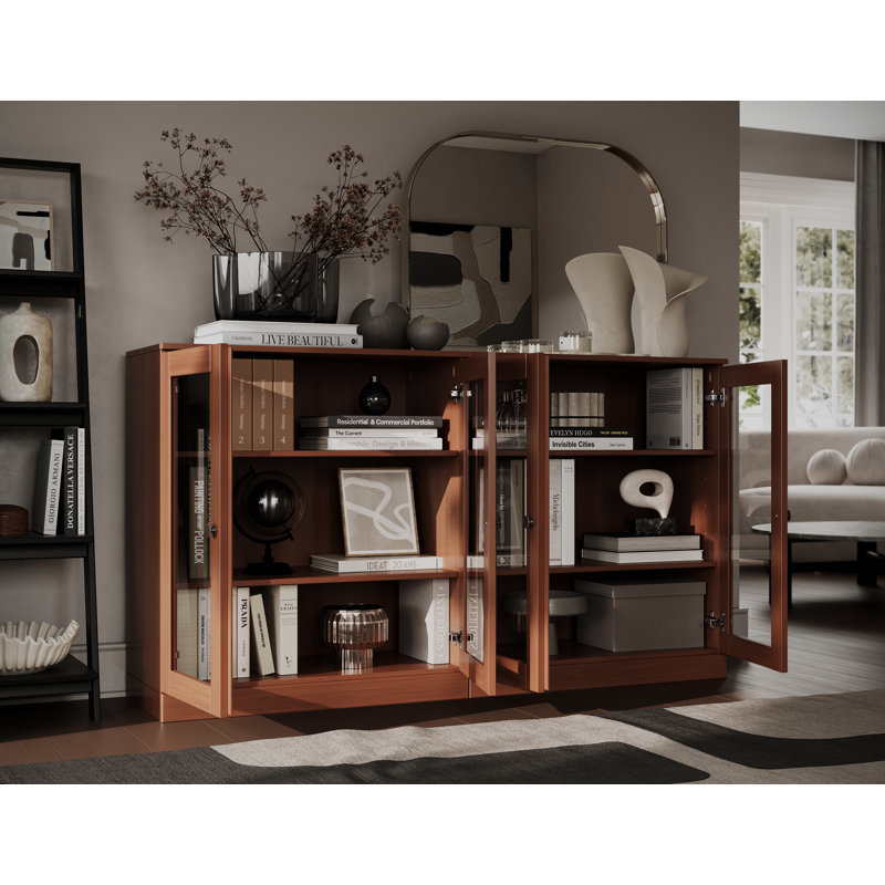 Buffet 100% bois massif 64 "avec portes en verre transparent et tablettes réglables, Moka