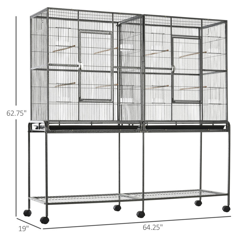 Cage à oiseaux spacieuse avec tablette de rangement, perchoir en bois et contenant à nourriture