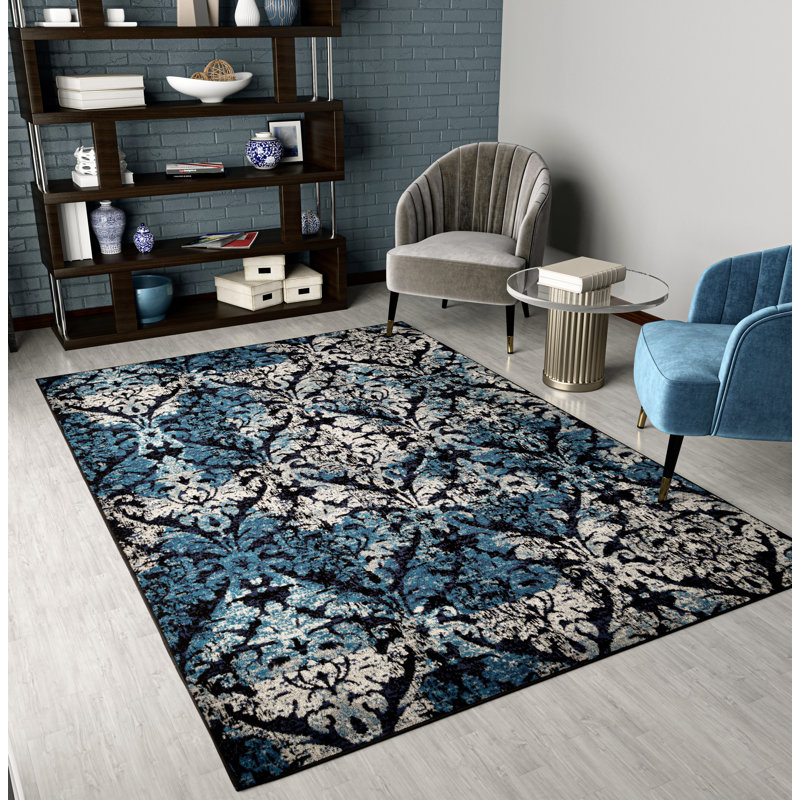 Wool Damask Indoor / Outdoor Rug, Rectangle 5' x 8'