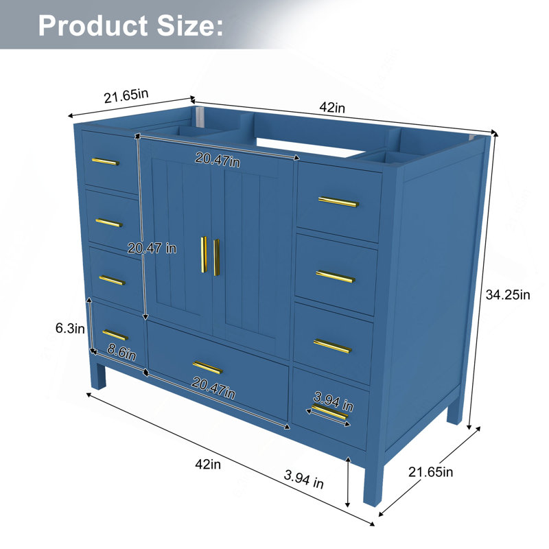 Meuble-lavabo de salle de bain de 42 pouces avec 2 portes doubles à fermeture douce et 9 tiroirs à glissière lisses
