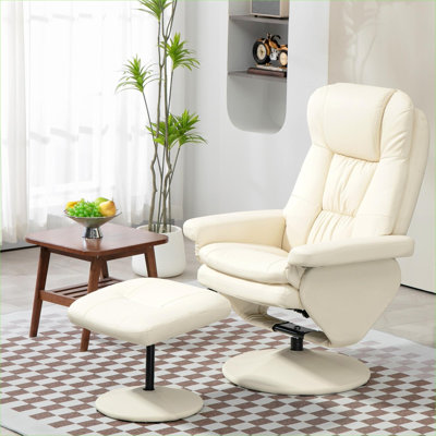  Fauteuil inclinable pivotant réglable avec repose-pieds, similicuir, blanc éclatant, pour le salon, la chambre à coucher et le bureau personnel