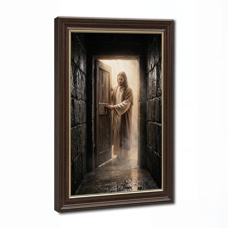 Jésus, porte en bois dans un couloir en pierre, art mural sur toile, H 24 po x l 16 po