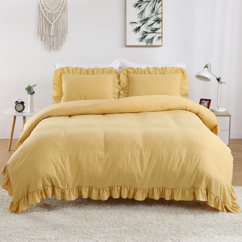Ensemble de housse de couette à très grand lit, 2 pièces Shabby Chic Farmhouse, motif à volants rétro, microfibre douce, jaune