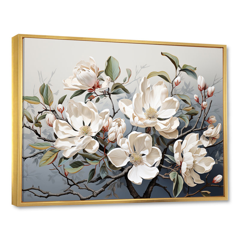 «Whispered Beige Magnolias Serenade I», art mural Magnolias, Cadre flottant doré, 16" H x 32" W