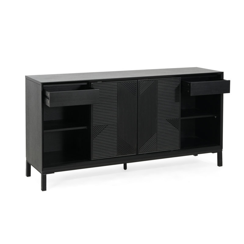 Armoire décorative moderne à motif géométrique à rayures verticales avec portes coulissantes, plateau en placage de bois de haute qualité et rangement spacieux avec deux tiroirs, fabrication robuste et durable