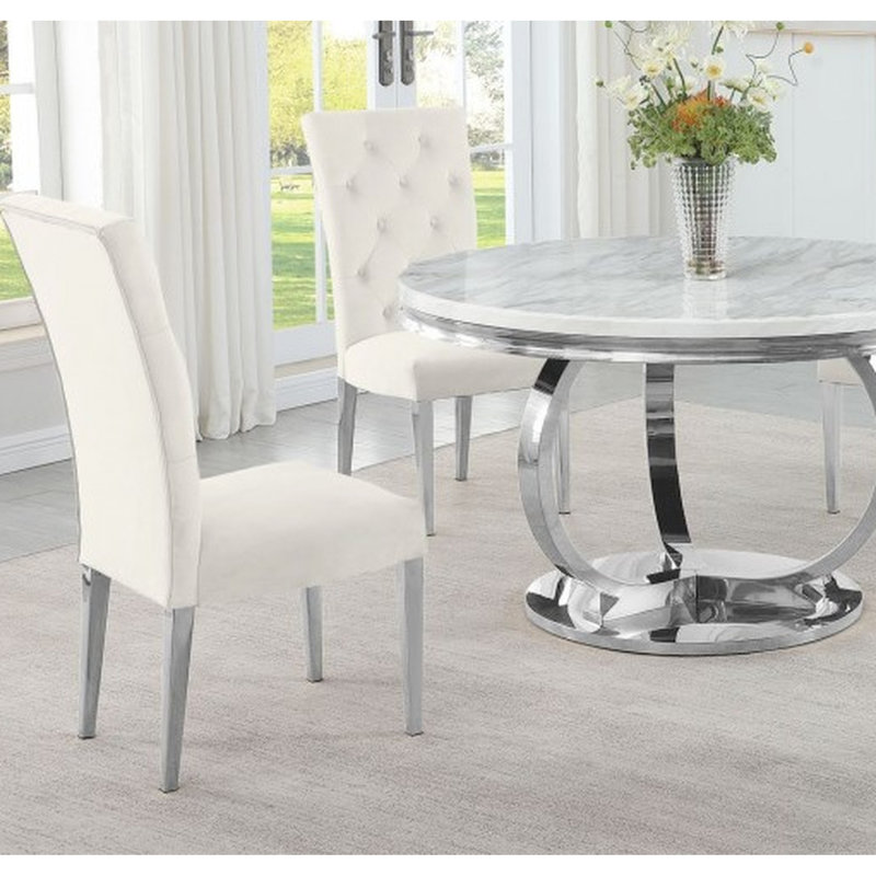 Of 2 Modern Velvet Back Dining Chairs With Finish Metal Legs, Cream Color, Rectangular Shape For Stylish Room, Medium Firm Seating