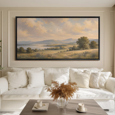 Grande toile murale encadrée, décor de paysage champêtre doré doux - 60 po x 20 po, 60 po x 30 po