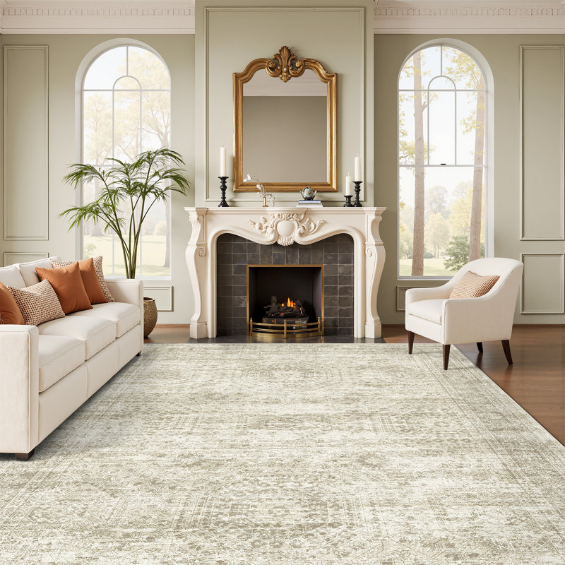 Tapis persan lavable délavé, Beige, Rectangle 8 pi x 12 pi