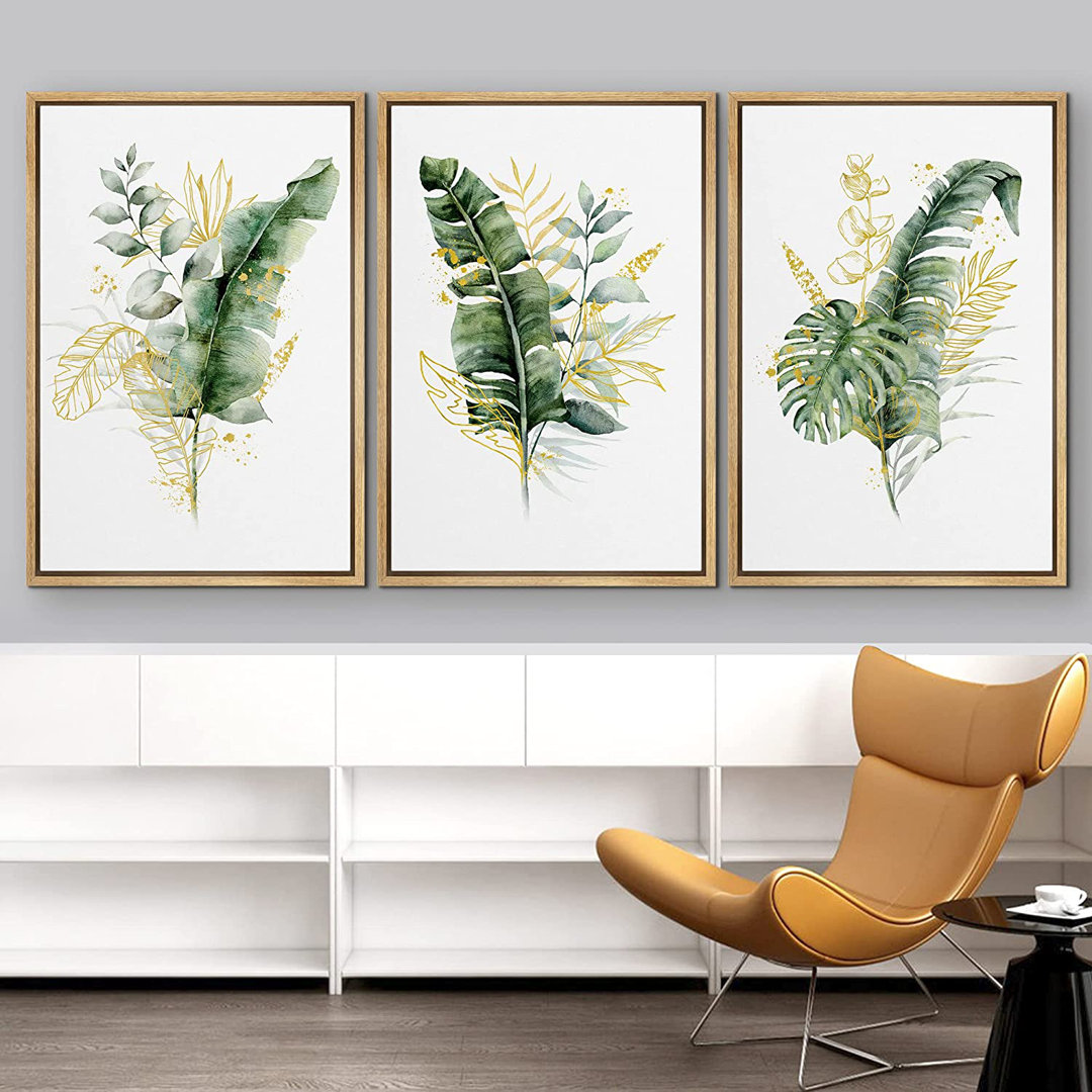 Minimal Botanical " IDEA4WALL Framed Wall Art Print Set Green Yellow Banana Leaf Monstera Pastel Forest Plant Variety Nature Wilderness Illustrations Modern Decorative Relax/Calm Chic For Living Room, Bedroom, Office " 3 - Pieces IDEA4WALL Frame 