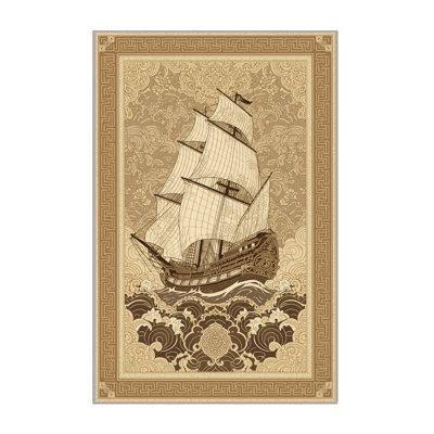 Machine Washable Vehicles And Transportation Historic Tall Ship Traditional Oriental Rug in Brown – Beige Binding