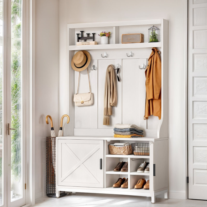 Husta Hall Tree 39.4'' Wide with Bench and Shoe Storage, White