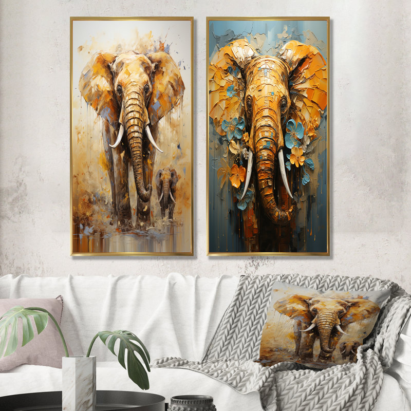 Éléphant, force symbolique, rêves - ensemble d'éléphants sur toile, ensemble de 2, Encadrement doré, H 40 po x l 41 po