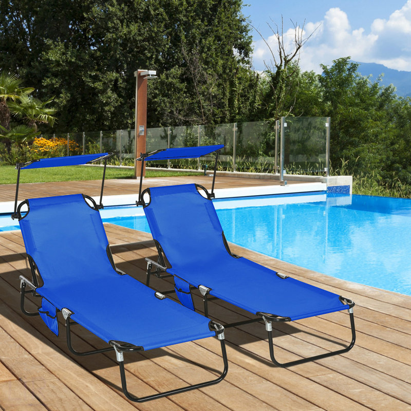 Folding Chaise Lounge Pool Chairs, Outdoor Sun Tanning Chairs With Canopy Shade, Reclining Back, Steel Frame And Side Pocket For Beach, Yard, Patio, Blue, Chair