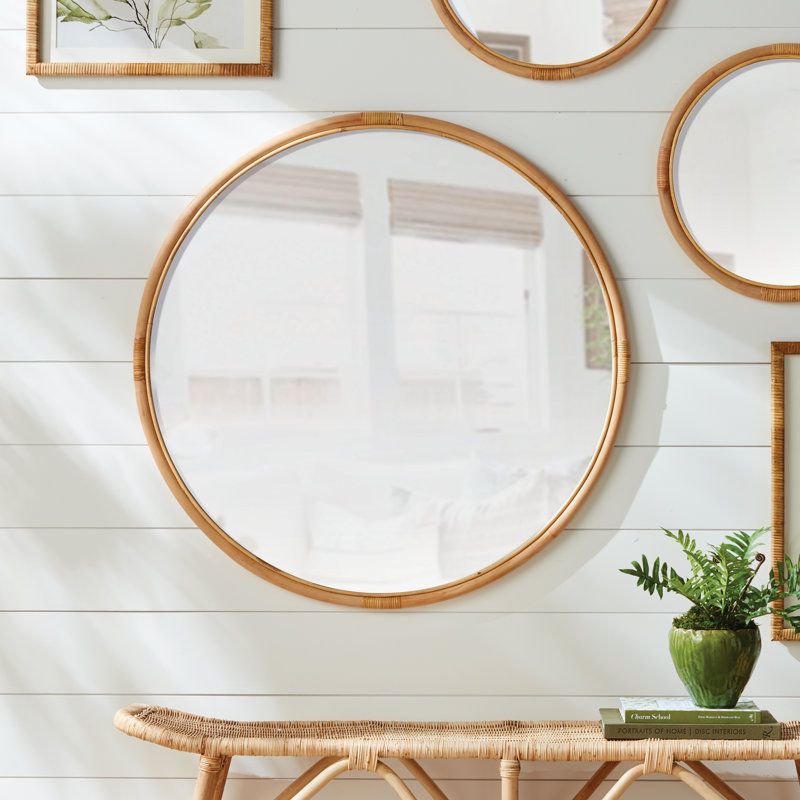 Grand miroir rond tissé en atelier Naturel, 39,5 po x 39,5 po
