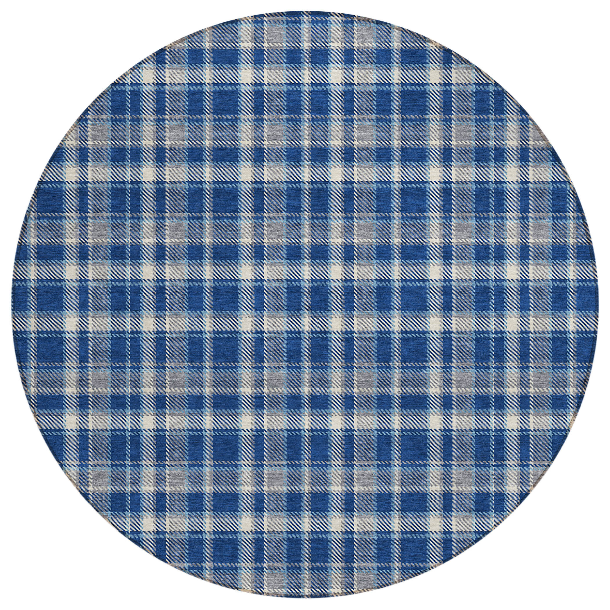 HomeRoots 8' Round Navy and Ivory Round Plaid Washable Non Skid Indoor ...