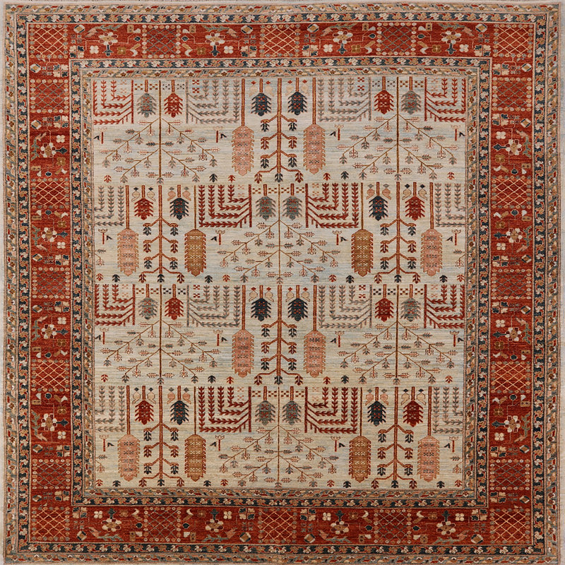 Tapis à motif oriental rouge / ivoire, Carré 6 pi