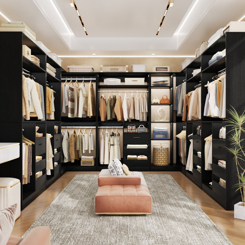 72"-108" Closet System With Drawers And Rods, Black