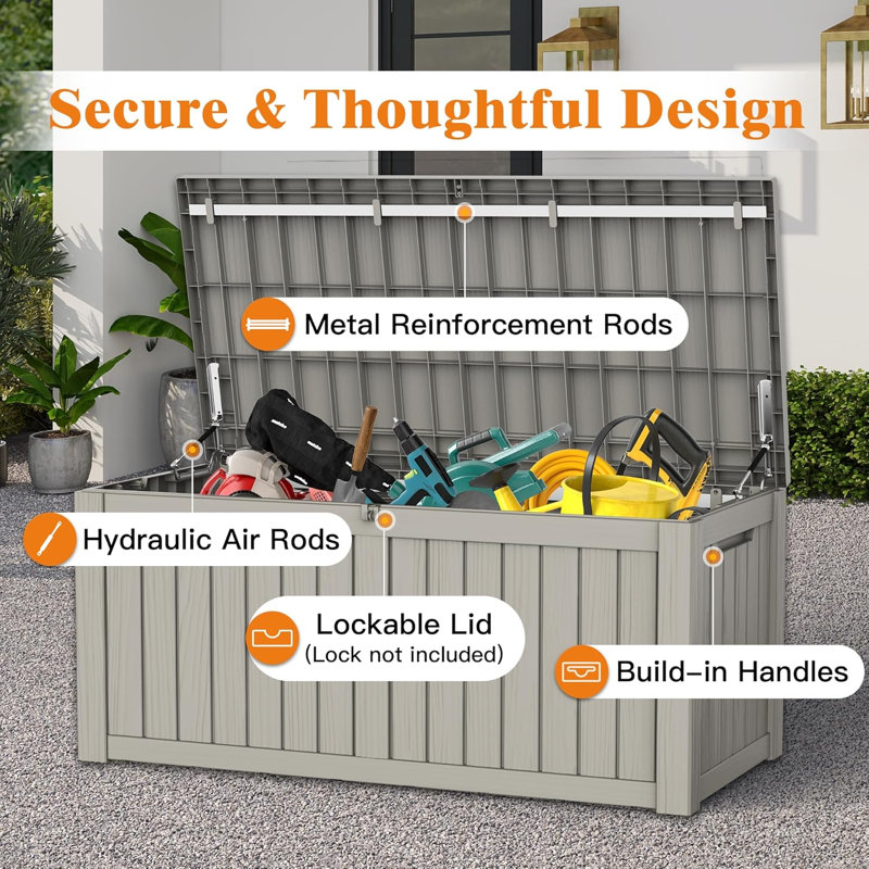 119 Gallon Outdoor Storage Box, Waterproof Deck Box With Handles And Lockable Lid, Resin Patio Storage Box With Hydraulic Rods For Garden Tools, Cushions