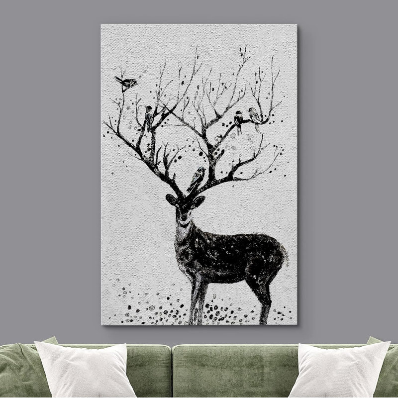 Animaux, cerf noir et blanc avec oiseaux sur bois, Toile tendue, H 48 po x l 32 po