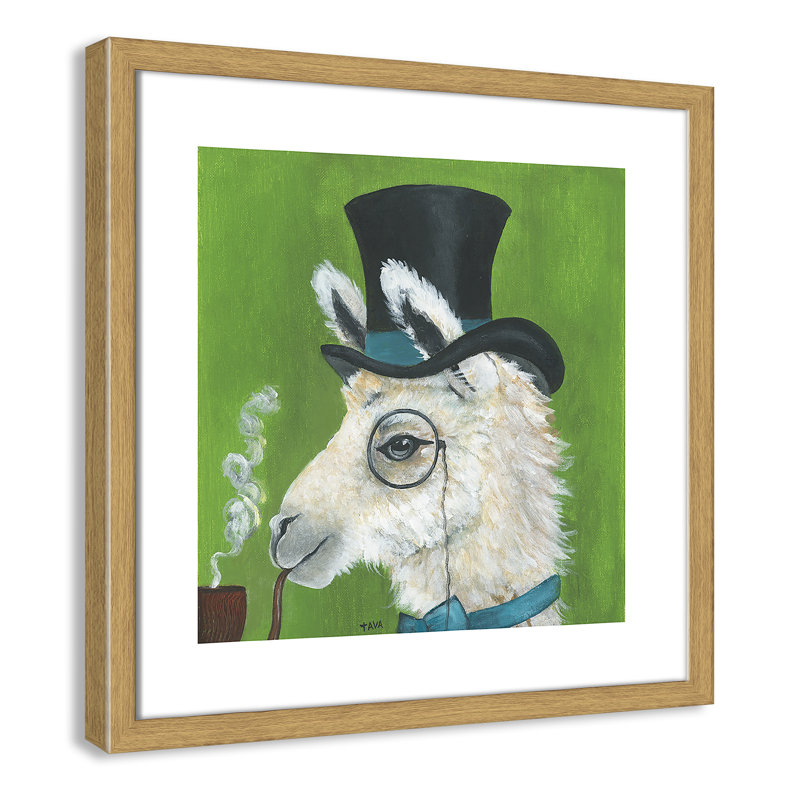 Lama et tuyau, art encadré, H 17 po x l 17 po x P 1,18 po, Cadre en chêne