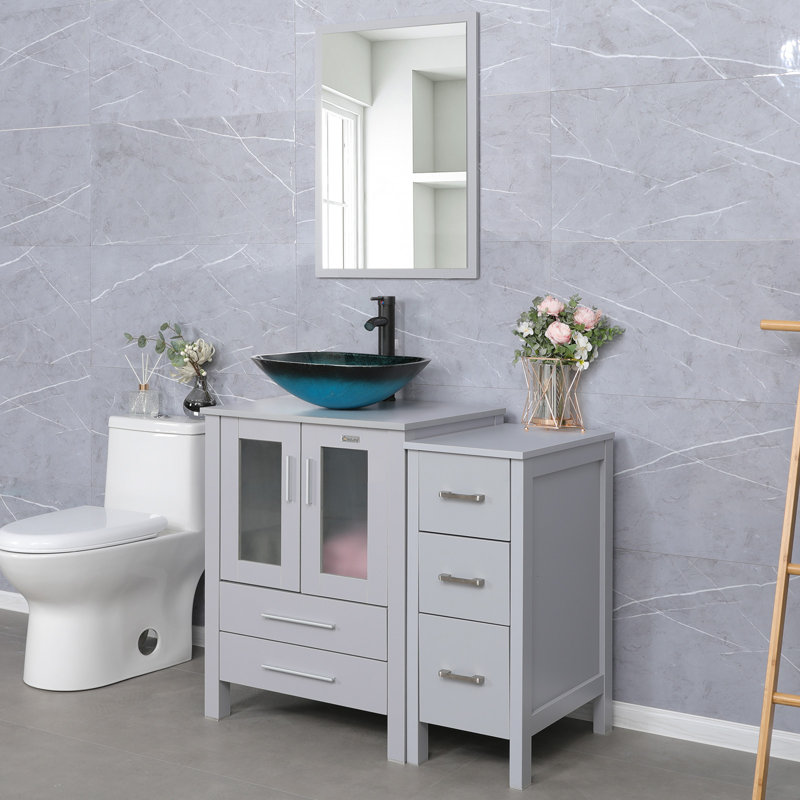  36" Single Bathroom Vanity Set with Vessel Sink, Manufactured Wood Top, Faucet, Drain, Gray, Gray