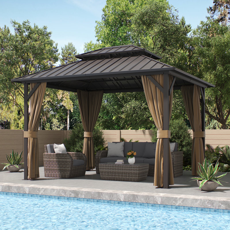  Pavillon de jardin extérieur, pavillon rigide avec toit en acier galvanisé et structure en aluminium, pavillon permanent robuste avec filet et rideaux pour patio, pelouse, terrasse