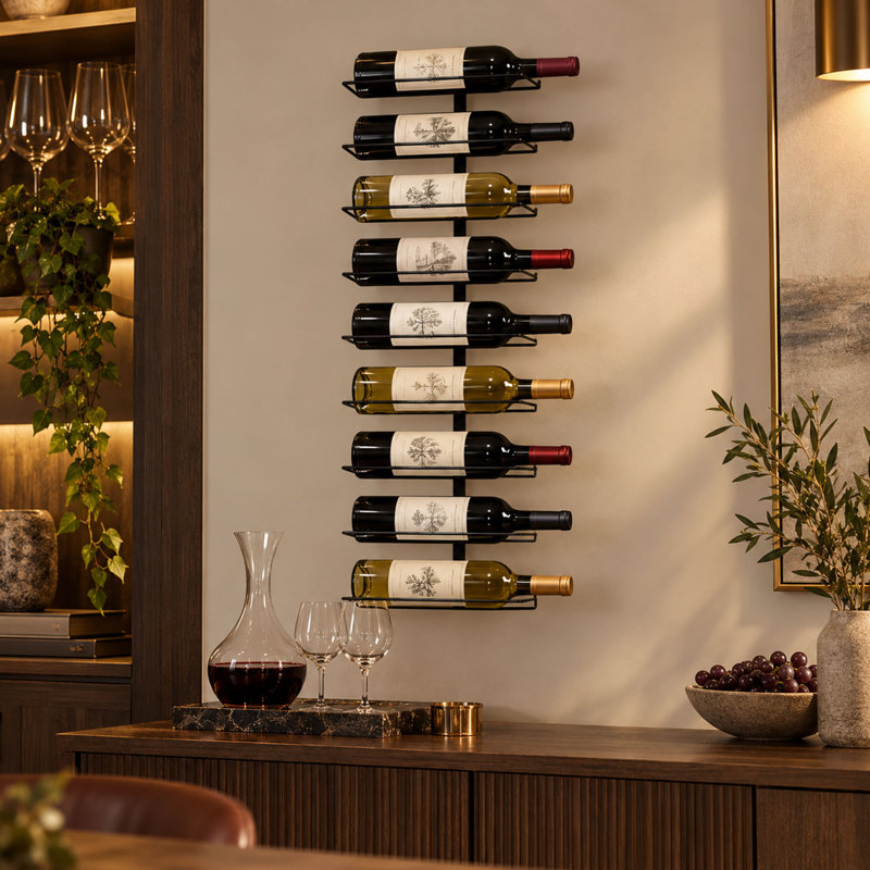 Support à vin mural en métal 9 bouteilles avec design peu encombrant, 9 bouteilles