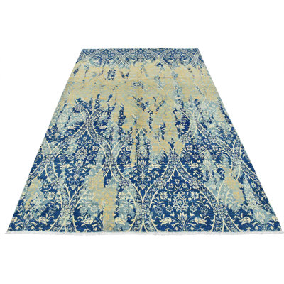 Tapis bleu en laine noué à la main de conception unique 9 pi x 12 pi 5 po
