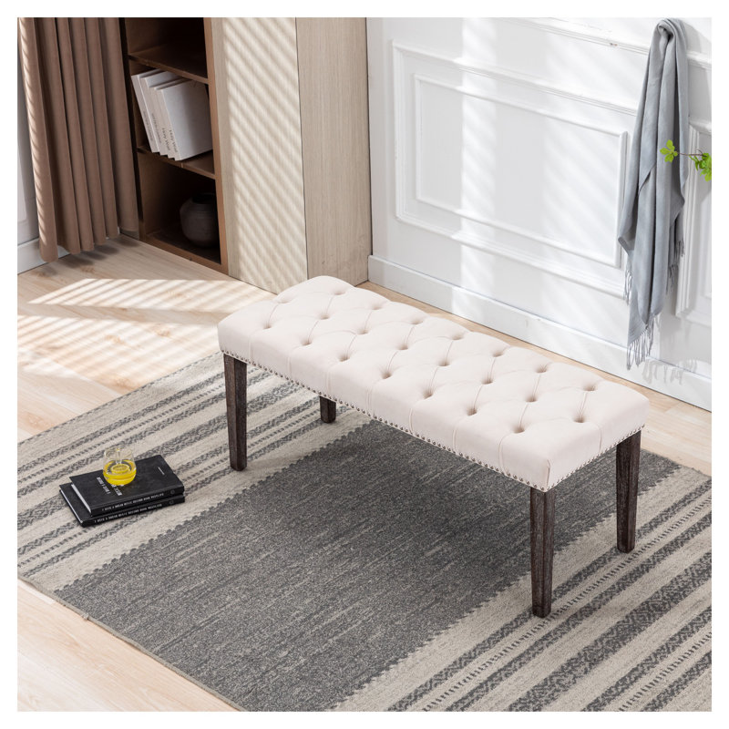 Beige Velvet Tufted Ottoman Bench - Upholstered Accent Bench for Entryway, Dining Room & Bedroom Footrest Stool with Rubber Wood Legs