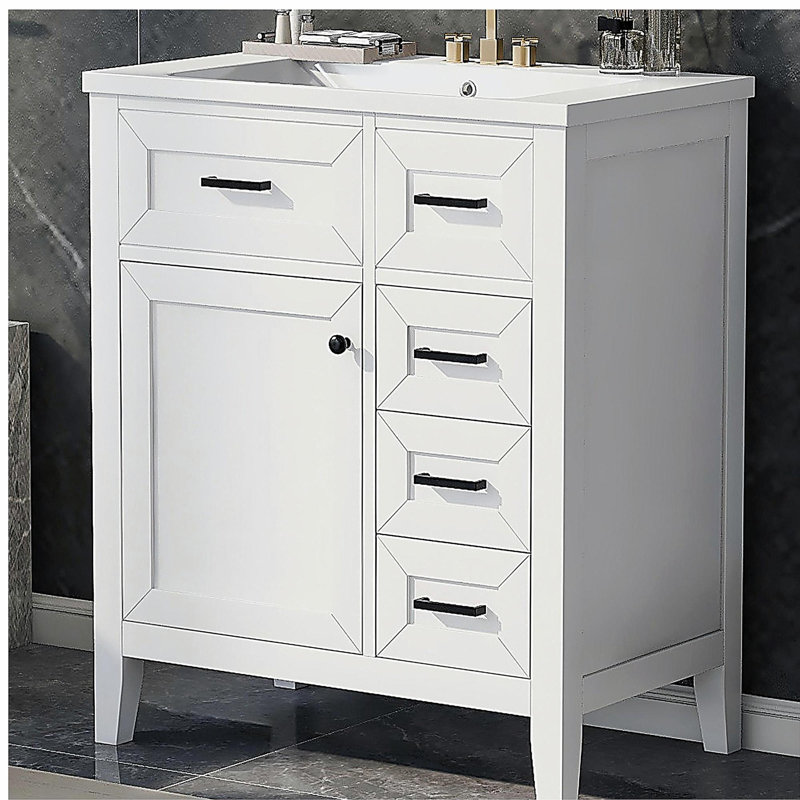 Table de maquillage de salle de bain de 30 pouces avec ensemble lavabo, armoire de salle de bain avec tiroirs, structure en bois massif et panneau de fibres à densité moyenne